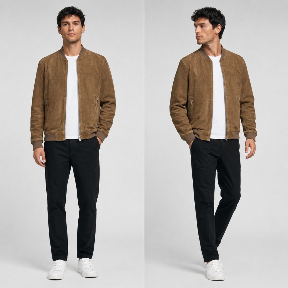 ASOS Mens Real Suede Leather Bomber Jacket Tan Brown XL